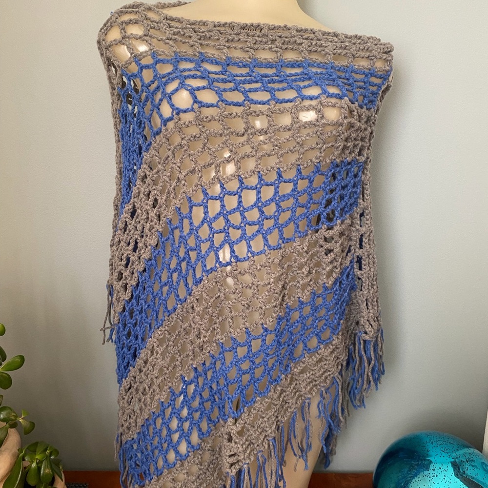 Crochet Handmade Boho Striped Poncho with Fringe